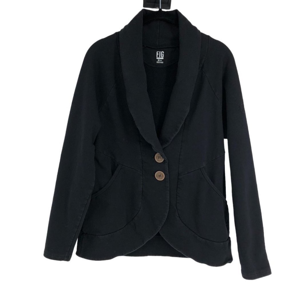 Fig chalet Black Blazer style Cardigan w/2 buttons pronounced lapels + pockets S